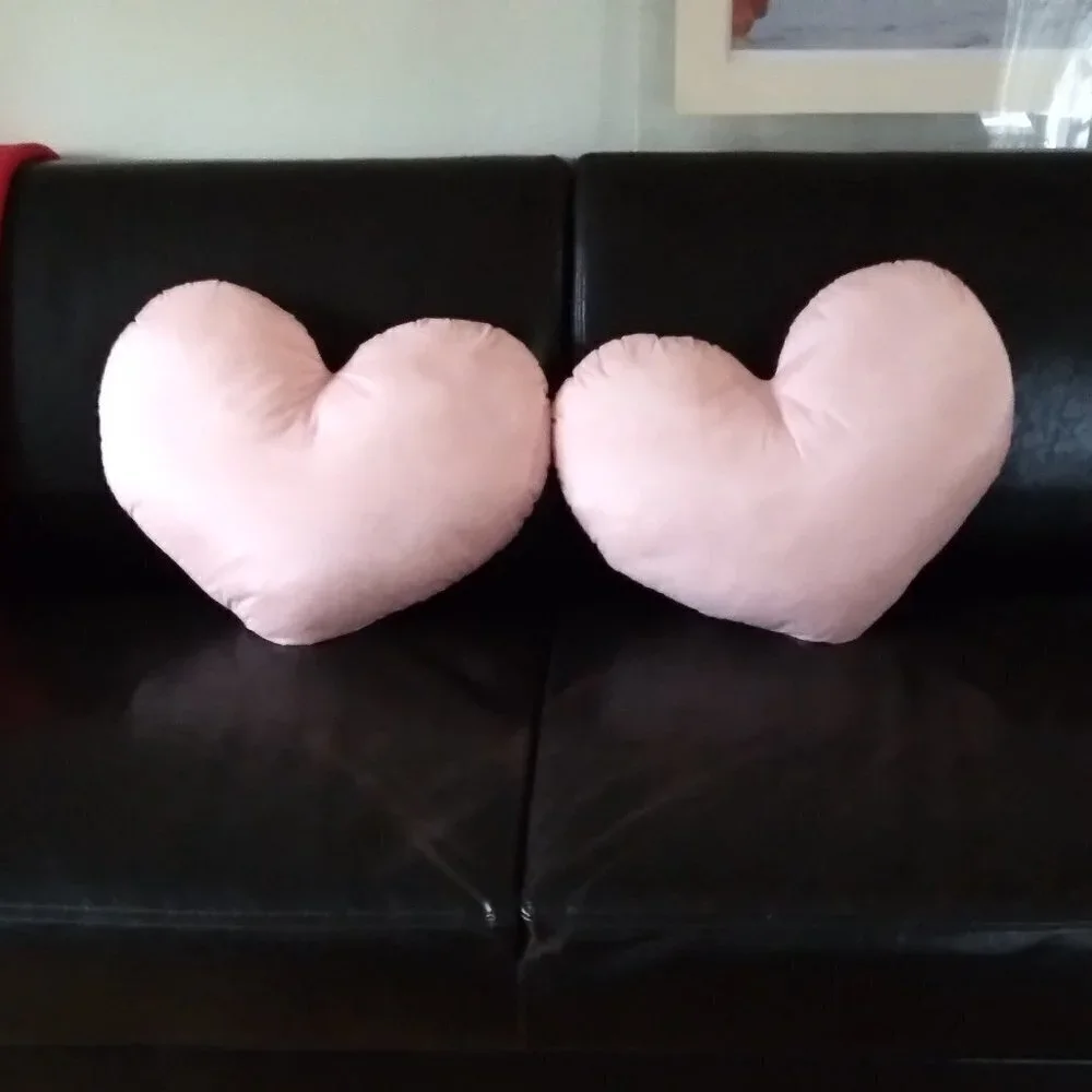 Pair of Lg Baby Pink Satin Heart Pillows 17.5